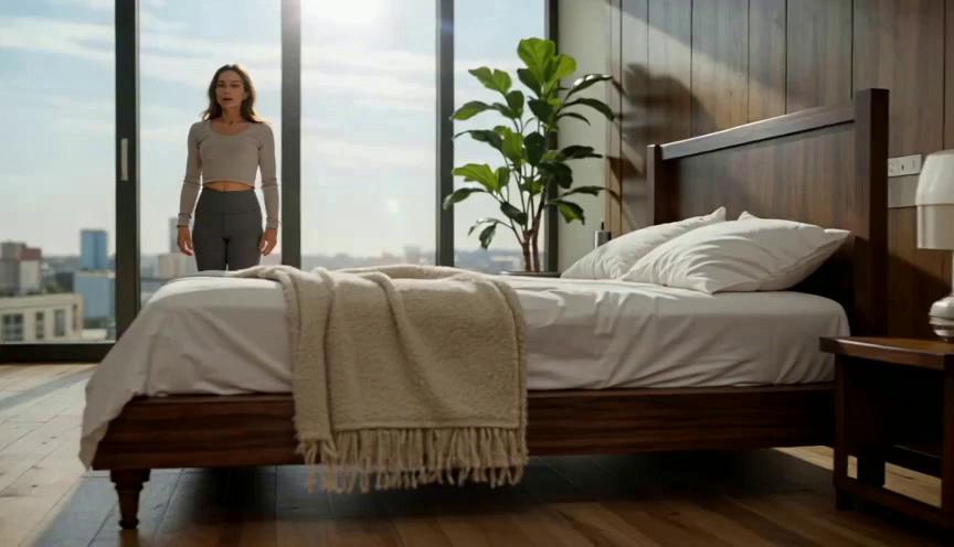 Prompt: A beautiful, bright, luxurious bedroom filled with soft morning sunlight streaming through large windows. Neutral wellness-inspired colors, elegant bedding, natural wood accents, cozy blankets, green plants, and a peaceful atmosphere create a sanctuary of calm and renewal. A realistic brunet female presenter wearing stylish fitted yoga pants and a comfortable wellness top moves gracefully beside the bed, stretching gently and breathing deeply with calm confidence.

The scene visually communicates the benefits of mindful motivation: increased focus, emotional balance, inner clarity, sustainable healthy habits, confidence, and a positive start to the day. The presenter smiles naturally as she moves with intention, demonstrating self-care, self-belief, and mindful living. Warm sun rays illuminate the room while subtle camera movement creates a feeling of progress, momentum, and possibility.

The environment feels peaceful, uplifting, and inspiring, helping viewers imagine a healthier, more balanced lifestyle. Cinematic lighting, shallow depth of field, premium wellness aesthetic, realistic textures, natural movement, elegant composition, high-end lifestyle video production quality, soft ambient music, no text, no captions, no logos. Horizontal 16:9 format. Voice over softly says: “Seven Day Challenge Mindful Motivation. in the bio link you can find the full program”