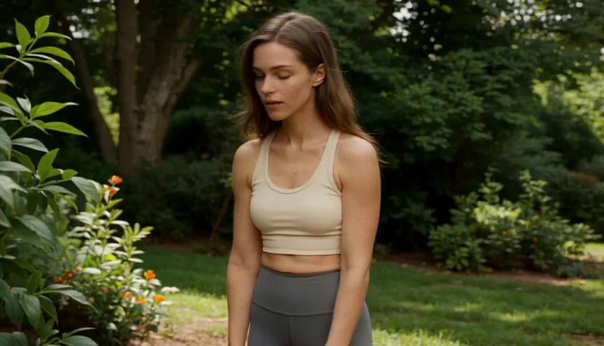 Prompt: Create a horizontal, cinematic 7‑second wellness video featuring a realistic brunet female presenter in fitted yoga pants, moving with slow, gentle, intentional energy in a beautiful garden. The environment should feel peaceful and natural — soft sunlight, greenery, warm tones, subtle shadows, and a serene outdoor atmosphere that enhances emotional grounding.

Focus on benefit‑driven emotional visuals:
• The presenter takes a deep, grounding breath as sunlight filters through the trees, shoulders releasing tension — symbolizing calm, clarity, and nervous‑system relief.
• Gentle, soft movements in yoga pants, such as slow arm sweeps, light stretches, or mindful flow, representing ease, alignment, and reconnecting with the body.
• Close‑up of her hands brushing leaves, touching natural textures, or feeling sunlight — expressing sensory awareness, presence, and mindfulness.
• A serene moment with eyes closed and a soft exhale, capturing emotional release, inner balance, and mental quiet.
• A subtle hand‑to‑heart gesture from the presenter, symbolizing gratitude, self‑connection, and emotional well‑being.

Soft ambient music. No text on screen.
Voice‑over (warm, soothing): “Seven Day Mind‑Body Connection Challenge. in the bio link you can find the full program”  
Overall tone: emotional, grounded, premium wellness — focused entirely on the benefits of feeling calmer, clearer, and more connected. no text soft background music