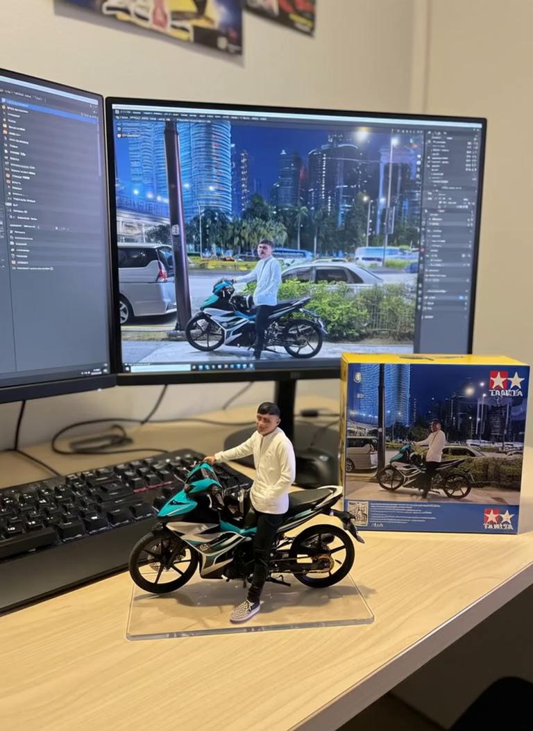 Prompt: @𝑽𝒊𝒄𝒕𝒐𝒓𝒚.𝒄𝒐𝒎: Nure two hand gently pick up the figure on the frame and rotate it slightly for inpection.the model in the packaging boy remain stationary.while all othe background elements stay unchanged.