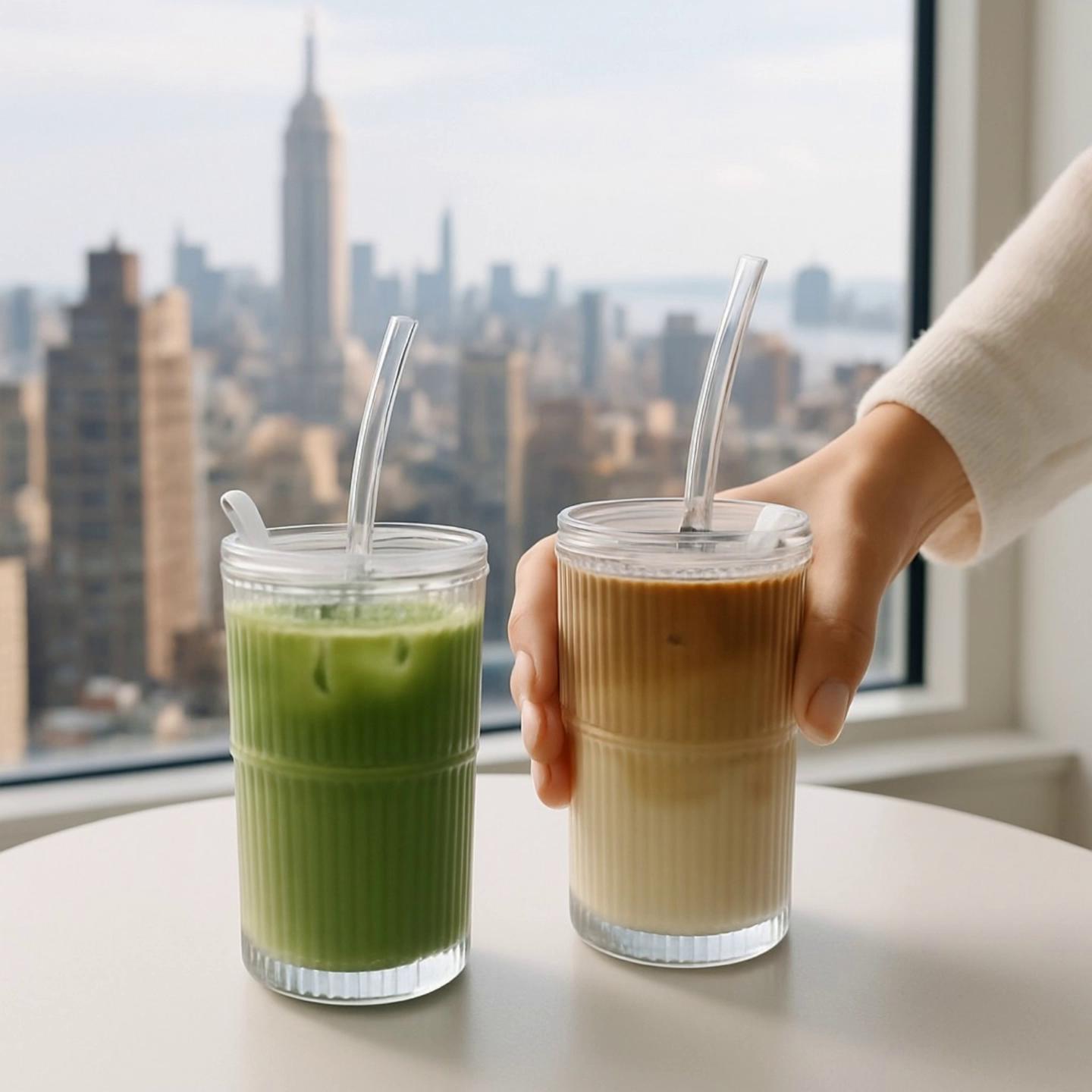 Prompt: There are two drinks in the first clip. the second clip a hand quickly comes into to the frame and grabs one drink. The last clip the hand is removing the drink from the frame.