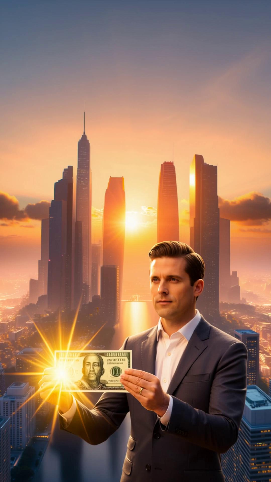 Prompt: @sammy A cinematic real estate storyboard frame showing a futuristic luxury city rising at golden hour, skyscrapers glowing with success and opportunity. A confident buyer stands in the foreground holding a radiant $10,000 reward, light forming the number “10,000” in the sky. Buildings transform into symbols of trust, growth, and wealth. Cinematic camera angle, dramatic lighting, luxury lifestyle mood, ultra-realistic, high-end real estate commercial energy, Unreal Engine 5, photorealistic, 8K, award-winning ad concept.