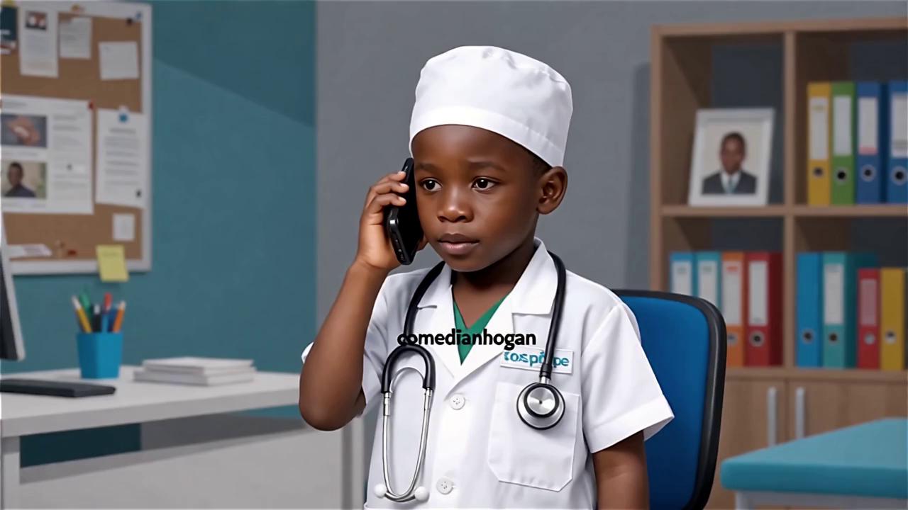 Prompt: we see a 6 year old boy dressed like a medical doctor in his office with a testoscope around his neck as he speaks on the phone  with a another 6 year old  character both are ghanaians is seen responding to the call nonchalantly in  a cinema lighting, says" doctor: (with a ghanaian accent)mr kwame,unfortunatly the cheque you gave us came back..the other character response with..oh doctor, so does my athritis "   end the video with laughter in the background. with a watermark "comedianhogan"
