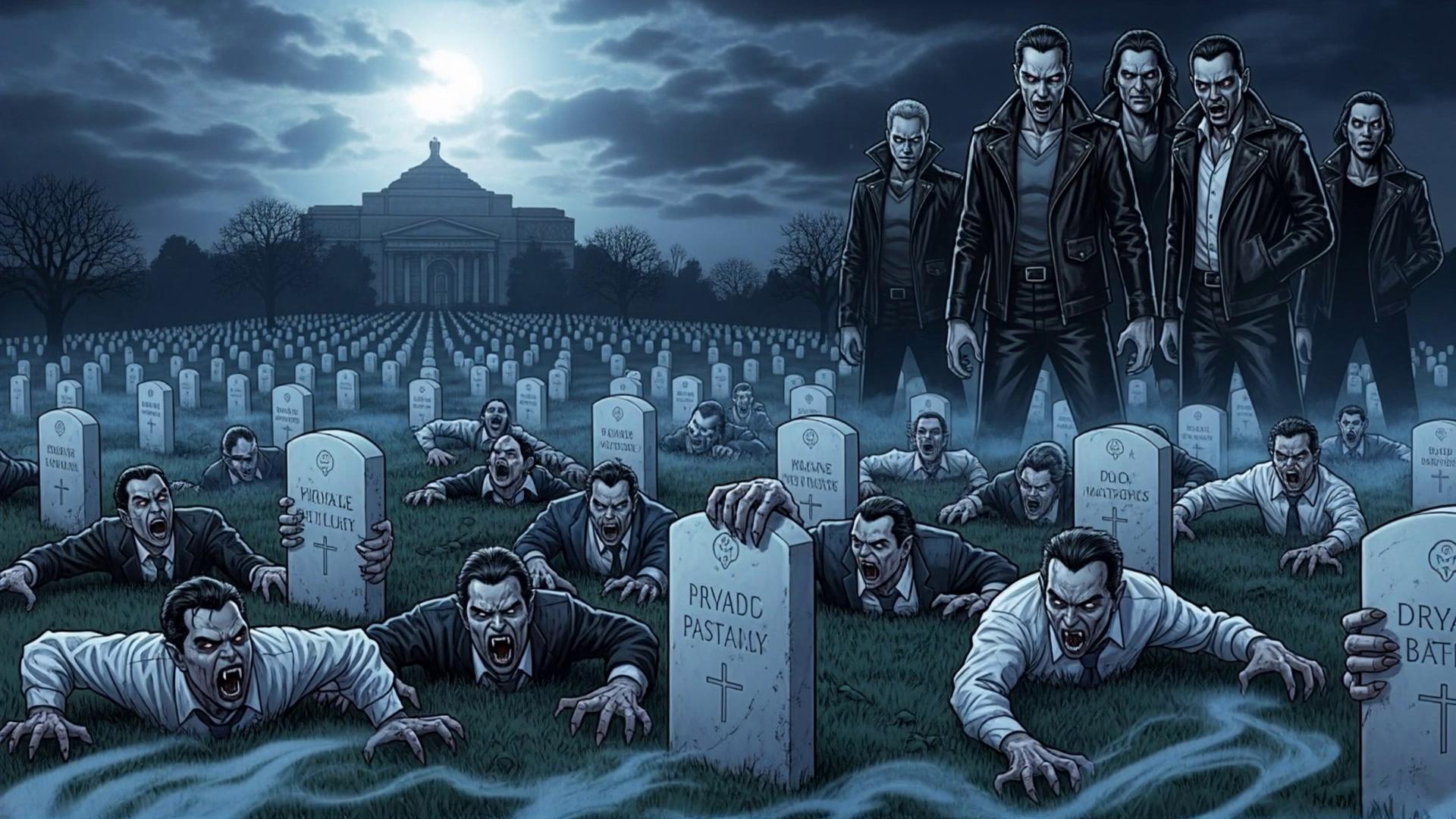 Prompt: the vampires pull themselves out of the ground and stand up