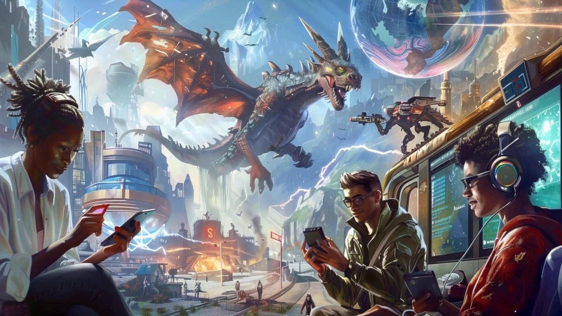 Prompt: three game players interact with their devices while the background fantasy world is imagined around them. The dragons flaps its wings a few times before flying away at the end. 