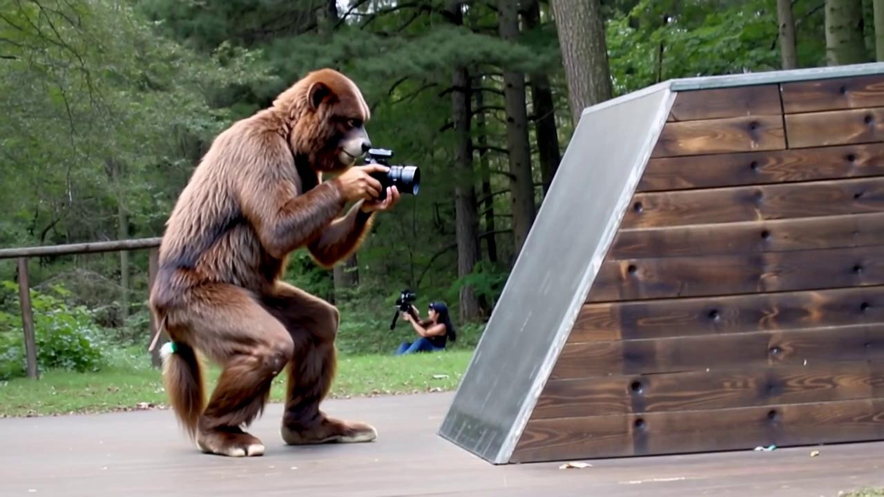 Prompt: a Sasquatch with a video camera filming skateboarding