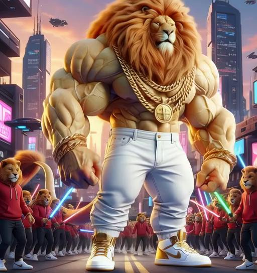 Prompt: Huge lion beast man with white jeans side kicks mage robed giant orc in face knocking the orc unconscious with lion men in the background celebrating like a atriors