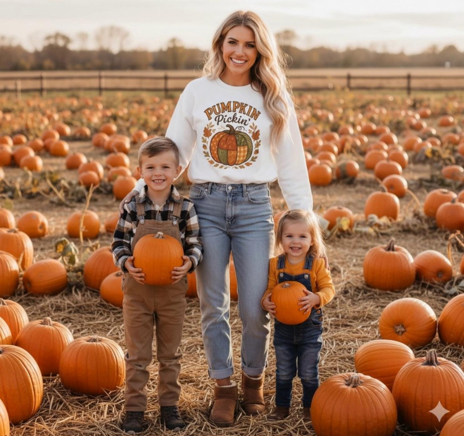Prompt: The kids hold up their pumpkins in the air with excitement and the mom claps while looking happy and smiling. The wind is blowing calmly in the background.