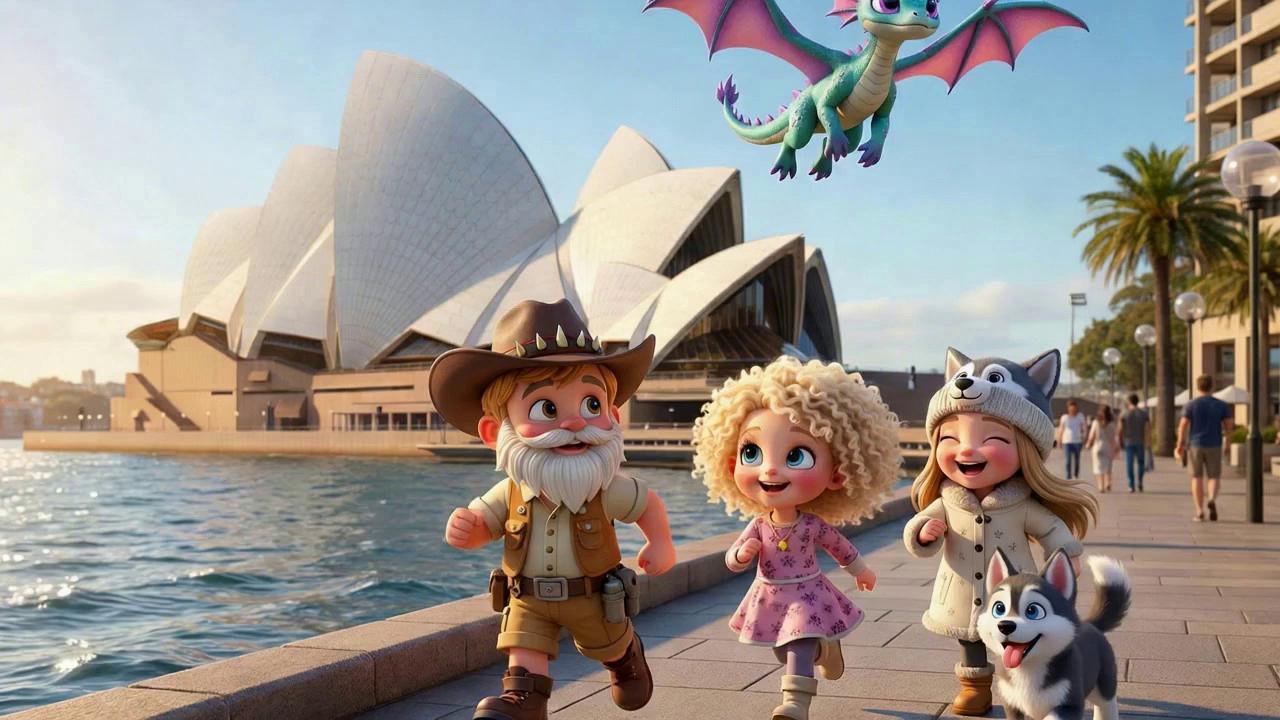 Prompt: @Jack, @Eve, @Everest, and @Camo running past the sydney opera house, while @Phoenix flies overhead