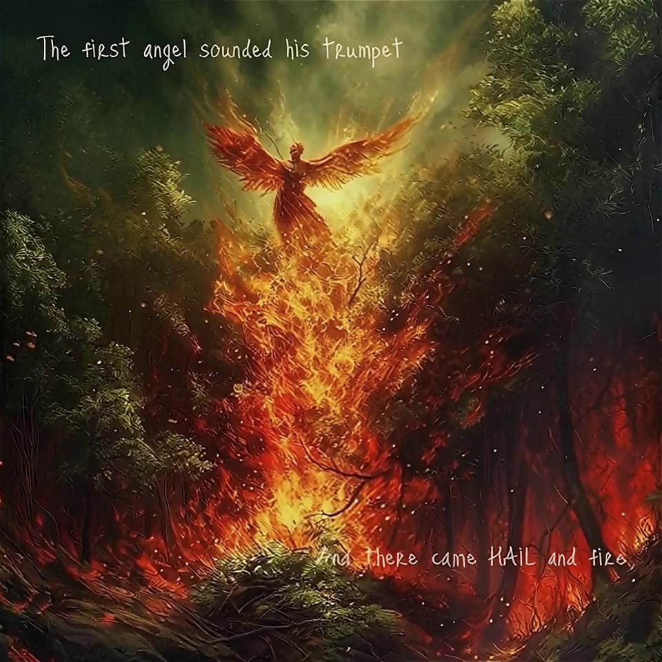 Prompt: Single frame,camera pan out, text slowly appearing top to bottom from left to right,foreboding,biblical music playing, minimal movement of the flames. Stationary center piece,do not add more text or writing to the video,