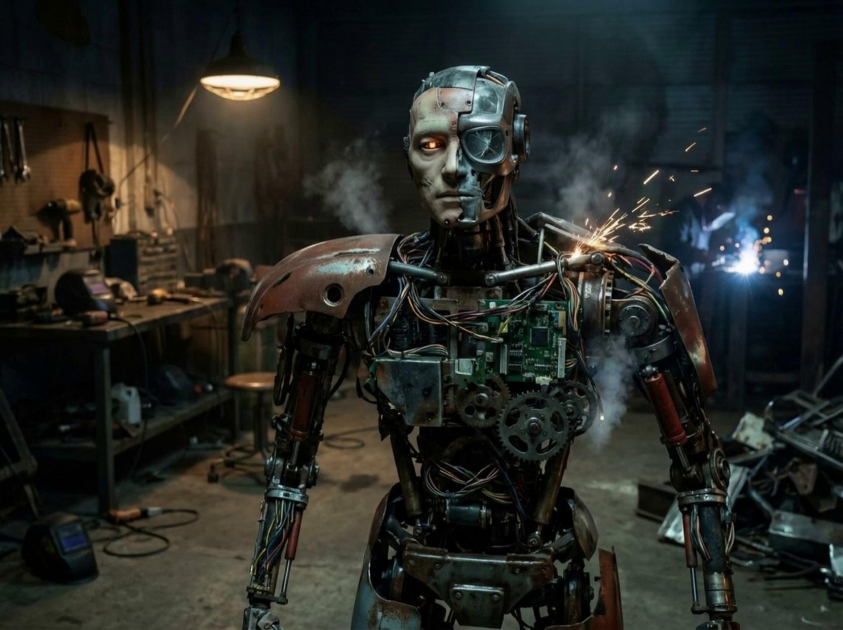 Prompt: A dimly lit garage workshop. A handmade humanoid robot sits slumped on a metal chair, built from mismatched scrap parts, exposed wires, gears, and rusted metal. Over 10 seconds, the robot slowly comes to life:0–3s: Flickering overhead bulb, sparks jump from loose wires, steam hisses softly. The robot’s chest rises slightly, as if taking its first mechanical breath.3–6s: One eye powers on with a faint glow. Fingers twitch. Head lifts slowly, metal joints creaking. Subtle camera push-in.6–8s: The robot turns its head slightly toward the light. Electrical arcs crackle. Oil drips onto the concrete floor.8–10s: Both eyes glow steadily. The robot locks its gaze forward. A final spark, then silence. The moment feels alive.Cinematic lighting, shallow depth of field, realistic textures, dramatic shadows, industrial sci-fi tone. Shot like a film teaser. Ultra-realistic, moody atmosphere, 16:9.