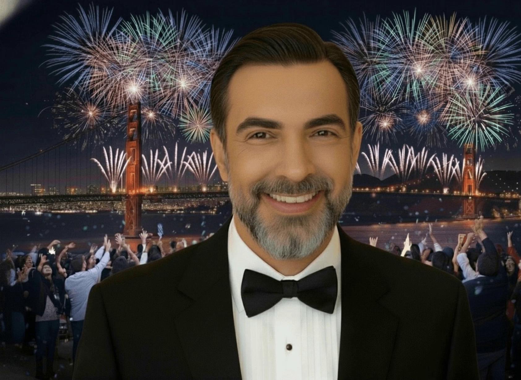 Prompt: @voice-1767230267472Cinematic New Year’s celebration scene at night. I am standing in front of a city skyline plaza while vivid fireworks burst behind me. The lighting is dramatic and soft, with a warm rim-light from the fireworks and subtle lens flares. Depth of field is shallow, with the background slightly blurred like a movie shot on a high-end cinema camera. My expression is happy and confident. As I speak, my gestures change naturally: for “fresh starts,” I open my hands forward; for “bold dreams,” I raise one hand upward; for “brighter days ahead,” I glance toward the sky with a hopeful smile; and for “let’s make it unforgettable,” I give a joyful nod and bigger smile. Add gentle camera movement (slow push-in). Lip-sync the line precisely:“Here’s to fresh starts, bold dreams, and brighter days ahead. Happy New Year — let’s make it unforgettable!”