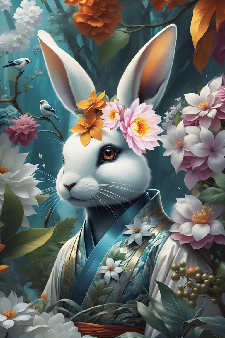 Prompt: A mystical white rabbit in a pastel kimono decorated with delicate flowers stands peacefully in a glowing, enchanted forest clearing. Cherry blossoms drift through the air, and soft magical light dances across moss-covered stones. The camera slowly circles around the rabbit, revealing the rich forest details from different angles. The kimono fabric and petals move gently in the breeze. Cinematic lighting, depth of field, ultra-detailed, fantasy art style. —camera slow circular pan, wind motion, fabric flow, petal drift, soft lighting transitions

Endframe (optional):
A 3/4 side view of the rabbit, eyes closed, with blossoms swirling gently around, framed by warm golden forest light.

