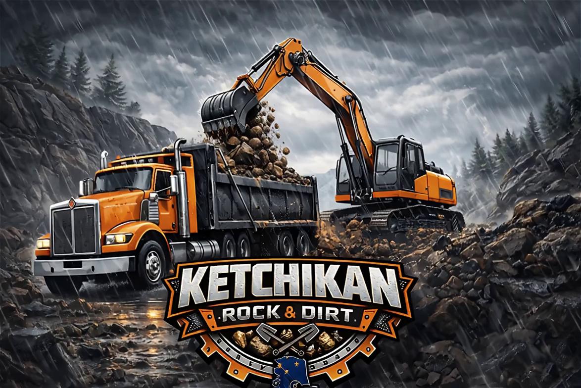 Prompt: Have the exevator dumping the rock in the back of the dump truck and have the sound of rock dumping and heavy rain sound