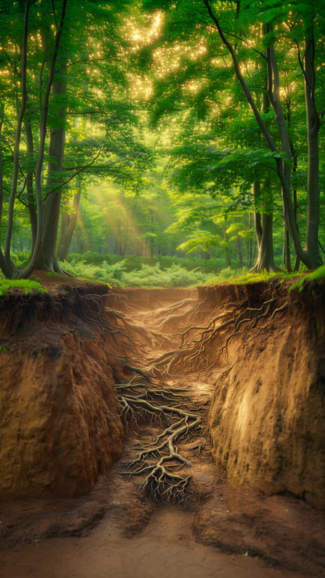 Prompt: Ultra realistic forest cross-section video showing vibrant green trees above ground with warm sunlight filtering through leaves, rich green foliage, detailed natural soil layers below ground, organic irregular root systems spreading naturally, earthy browns and subtle warm tones underground, colorful but realistic, cinematic nature documentary style, soft depth of field, slow gentle camera push, no glowing roots, no neon, no symmetry, no fantasy effects, no sci-fi lighting

Negatives:

no glowing lines, no bright gold roots, no magical light, no cartoon style, no infographic look
