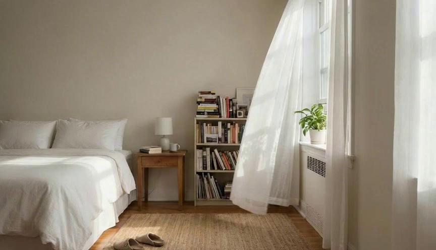 Prompt: A static, realistic bedroom scene based on the reference image.
The camera remains completely still at eye level.

Only the sheer white curtain gently moves due to a very light breeze coming from the open window.
The curtain movement is slow, subtle, natural, and continuous — no sudden motion.

Soft daylight slightly shifts as it reflects off the white bed linen, creating very gentle, almost imperceptible changes in light and shadow on the bed surface.
The light remains consistent and natural, with no flickering or brightness changes.

No other objects move.
No camera movement.
No zoom, no pan, no tilt.

The scene feels calm, quiet, lived-in, and realistic — like a real apartment during a peaceful daytime moment.