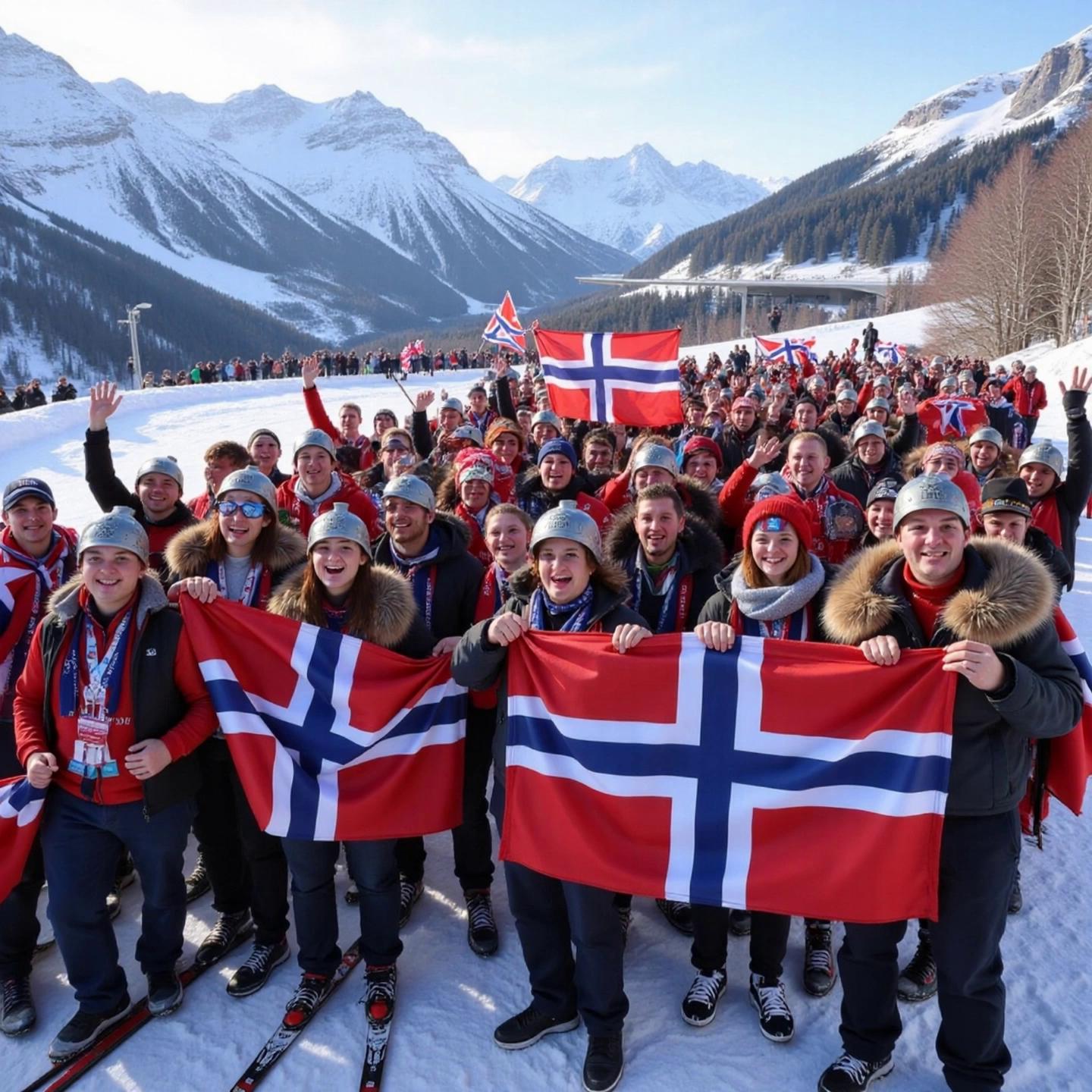 Prompt: En gruppe entusiastiske norske fans på vei til vinter-OL, kledd i røde, hvite og blå klær med norske flagg, skjerf og luer. De heier høyt og stolt på norske utøvere, med store smil, malte ansikter og plakater med tekster som «Heia Norge!» og «Go Norway!». Stemningen er elektrisk og full av nasjonal stolthet, snødekte fjell i bakgrunnen, vinterlys og OL-arenaer som skaper en episk og inspirerende atmosfære. Fansen utstråler samhold, glede og ekte norsk vinterglede. Er på vei inn på Milano San Siro Olympic Stadium
