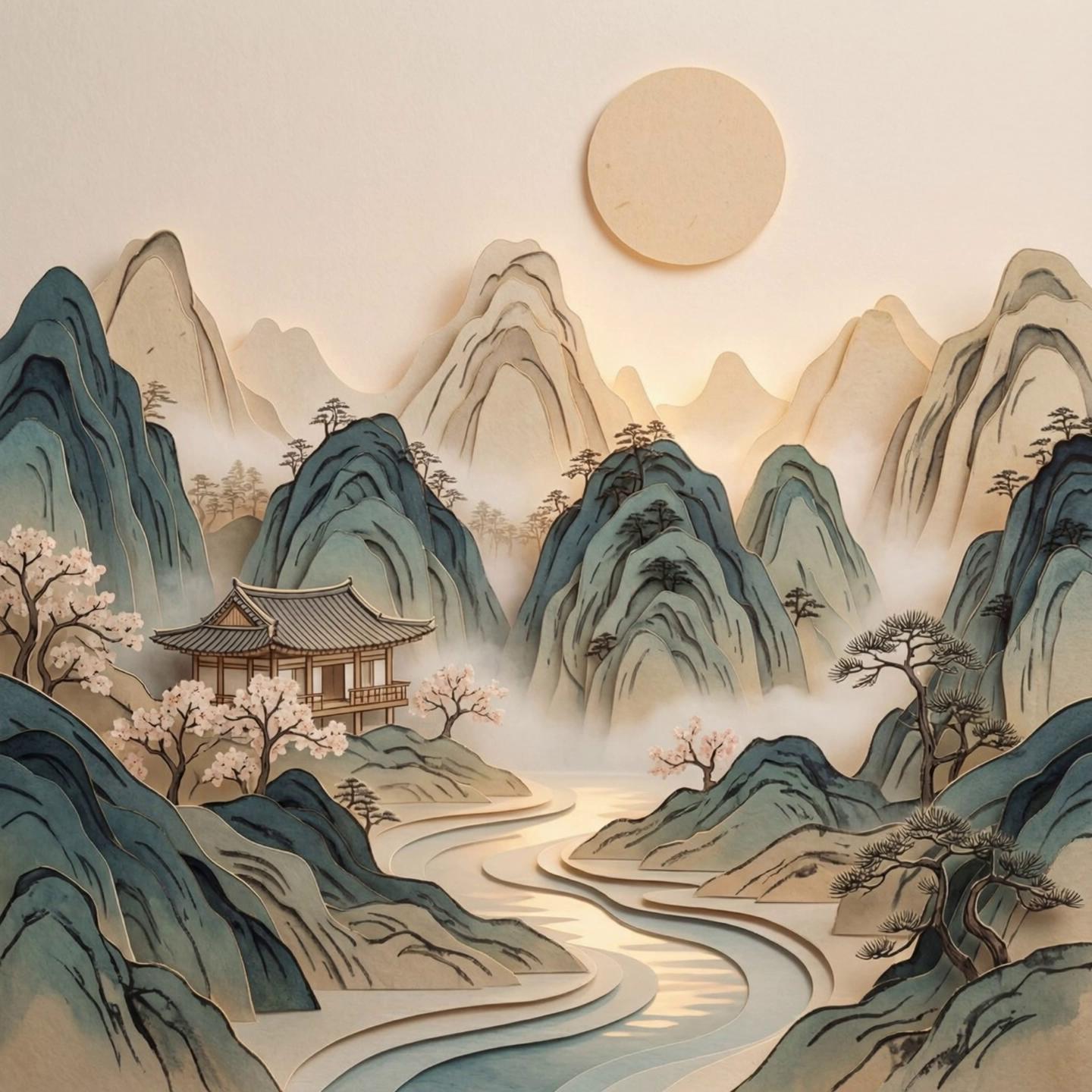 Prompt: A poetic transition between two layered paper diorama landscapes inspired by traditional Korean and East Asian ink painting aesthetics.

Opening scene:
The video begins with a wide, tranquil paper landscape composed of multiple cut-paper layers: distant mountains, a winding river, mist, trees, blossoms, and a soft glowing sun.

Subtle environmental motion begins:
– Light mist slowly drifting between layers
– The river surface gently flowing forward
– Clouds gliding slowly across the sky
– Paper trees and blossoms moving slightly in a calm breeze

Camera movement:
A very slow, smooth dolly-in toward the river valley, maintaining stable perspective and layered depth.
The camera gradually moves through the paper layers, creating a parallax effect without bending or warping the paper forms.

Mid transition:
As the camera advances, the foreground paper layers softly pass by, and the landscape subtly reshapes through depth and light rather than abrupt transformation.

The atmosphere becomes slightly denser and more immersive, with mist thickening and light softly glowing between layers.

Ending scene:
The dolly-in naturally reveals a deeper, more enclosed mountain valley with steeper layered cliffs, a closer river path, and a traditional pavilion embedded into the landscape.

The final composition settles into a more intimate paper diorama space, emphasizing vertical depth, layered contours, and quiet stillness.

Motion slows and stabilizes near the end, allowing the final image to rest calmly.

Lighting remains warm, diffused, and harmonious throughout the transition.

No people, no modern elements, no sudden cuts or jumps.

The entire sequence feels like a silent journey into the layers of a paper landscape, focusing on materiality, depth, and contemplative motion.