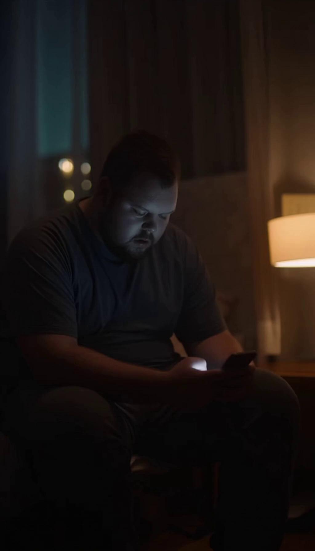 Prompt: A cinematic motivational transformation video. Opening scene shows an overweight man sitting alone in a dimly lit room at night, shoulders slumped, face tired and discouraged, scrolling on his phone. Mood is quiet, heavy, and reflective. He pauses, looks up, takes a deep breath, and his expression changes with determination. Cut to early morning: alarm clock ringing, dark sky outside. He gets up, ties his shoes, steps outside into cold air. Fast cuts of him training alone: jogging at sunrise, lifting weights, sweating, focused eyes, disciplined movement. Final shots show a leaner, stronger version of him standing confident, breathing steadily, looking forward. Cinematic lighting, realistic style, emotional, gritty, inspiring. No text. No logos.