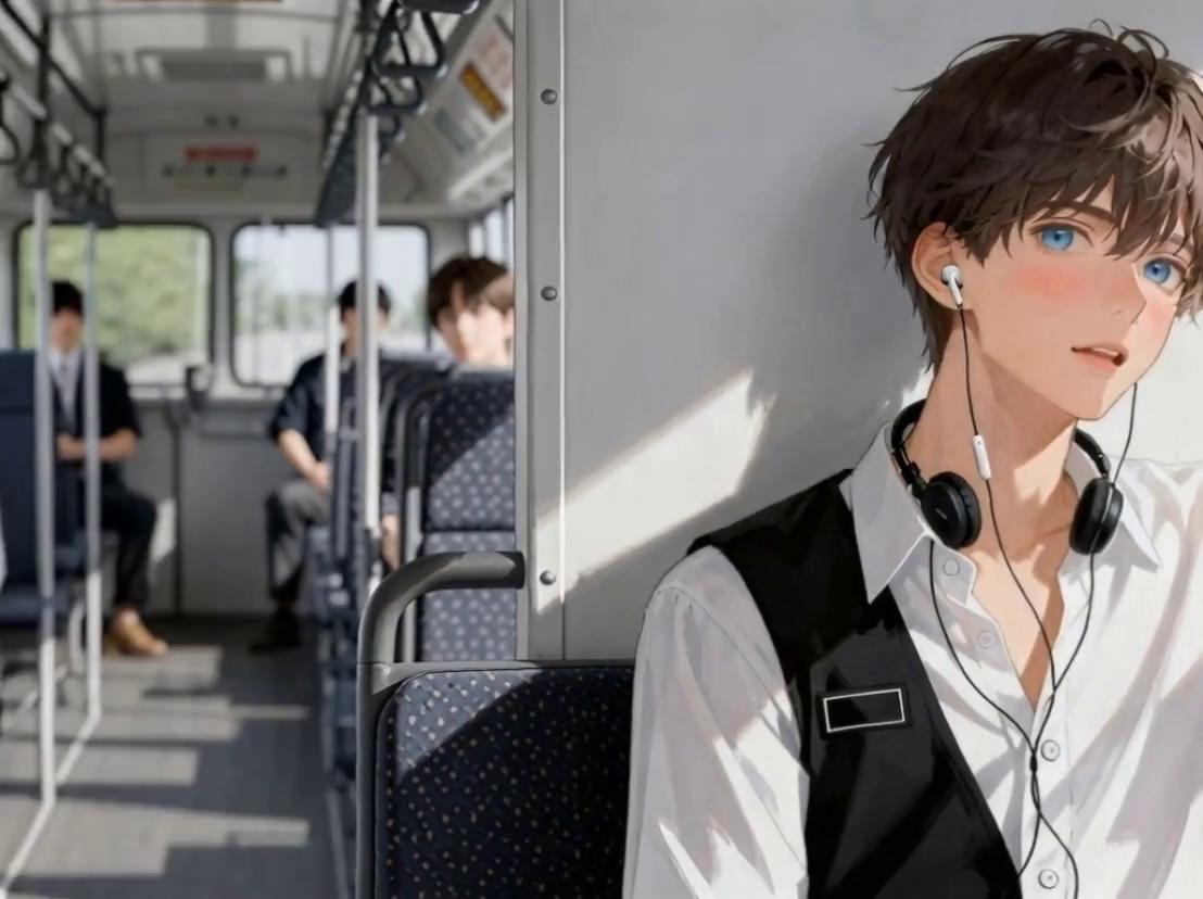 Prompt: Traveling in the bus with earing the music. And then he getup when the moment his  stop came