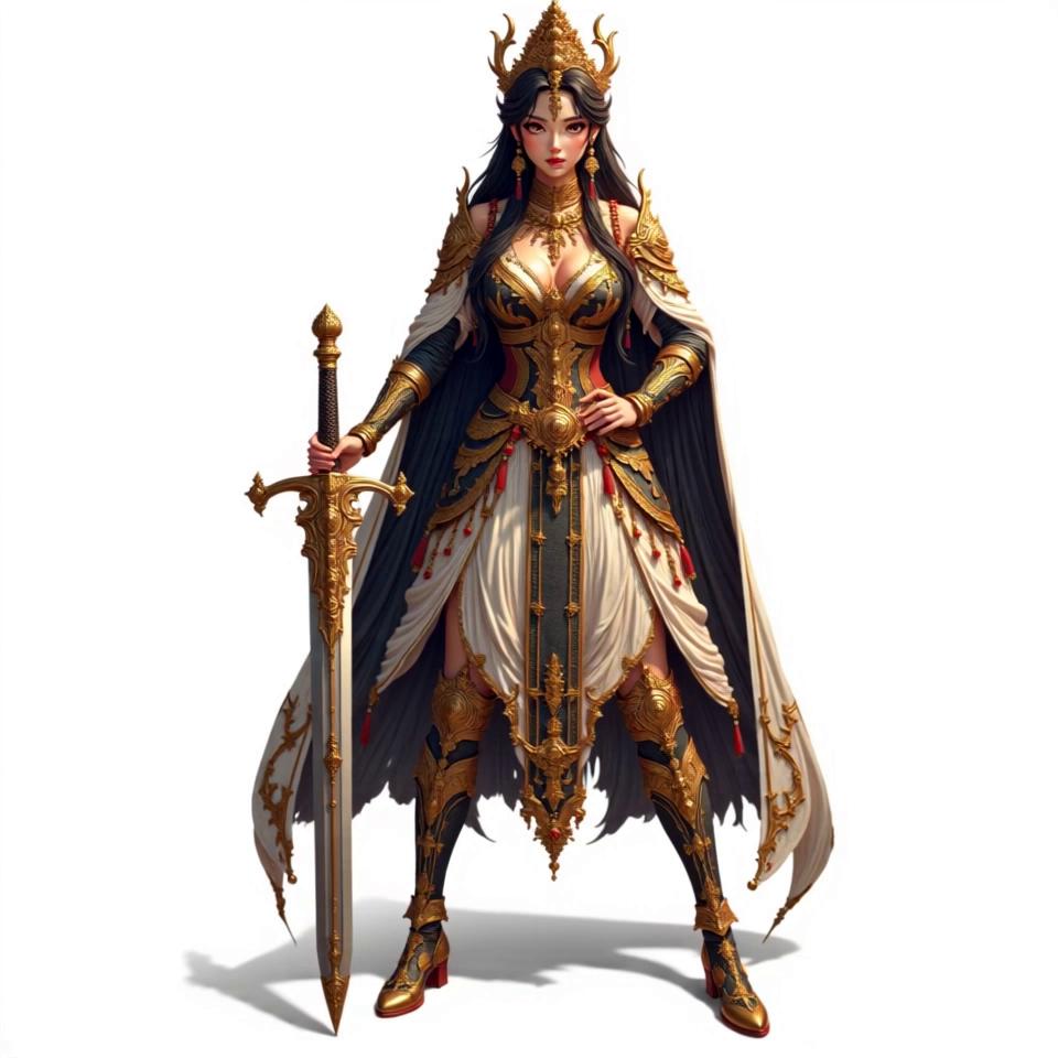 Prompt: @FTHnRzL5HLdaHOM6C2PB A full-body depiction of a regal female warrior stands confidently at the center of the frame, showcasing her powerful stance. She is clad in intricately designed armor that glimmers with metallic hues, reflecting light against the pristine white background. Her long hair flows elegantly down her back, catching the light and adding a sense of movement. The warrior's gaze is determined, with narrowed eyes and a slight furrow in her brow, conveying strength and resolve. Her hands rest firmly on the hilt of a beautifully crafted sword, which is positioned at her side, ready for action. The high-quality image captures every detail of her armor and weaponry, emphasizing her commanding presence. 