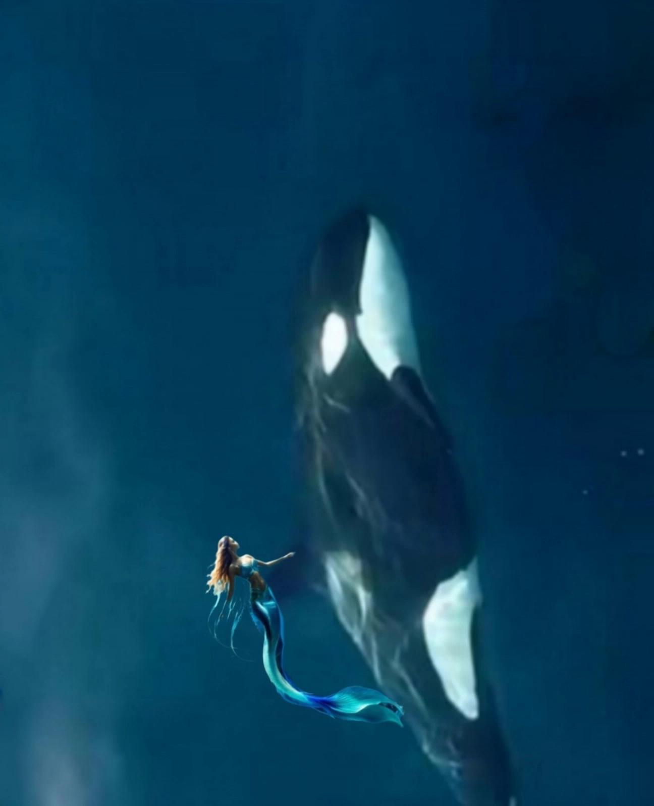 Prompt: The orca heads to the surface with the mermaid holding on