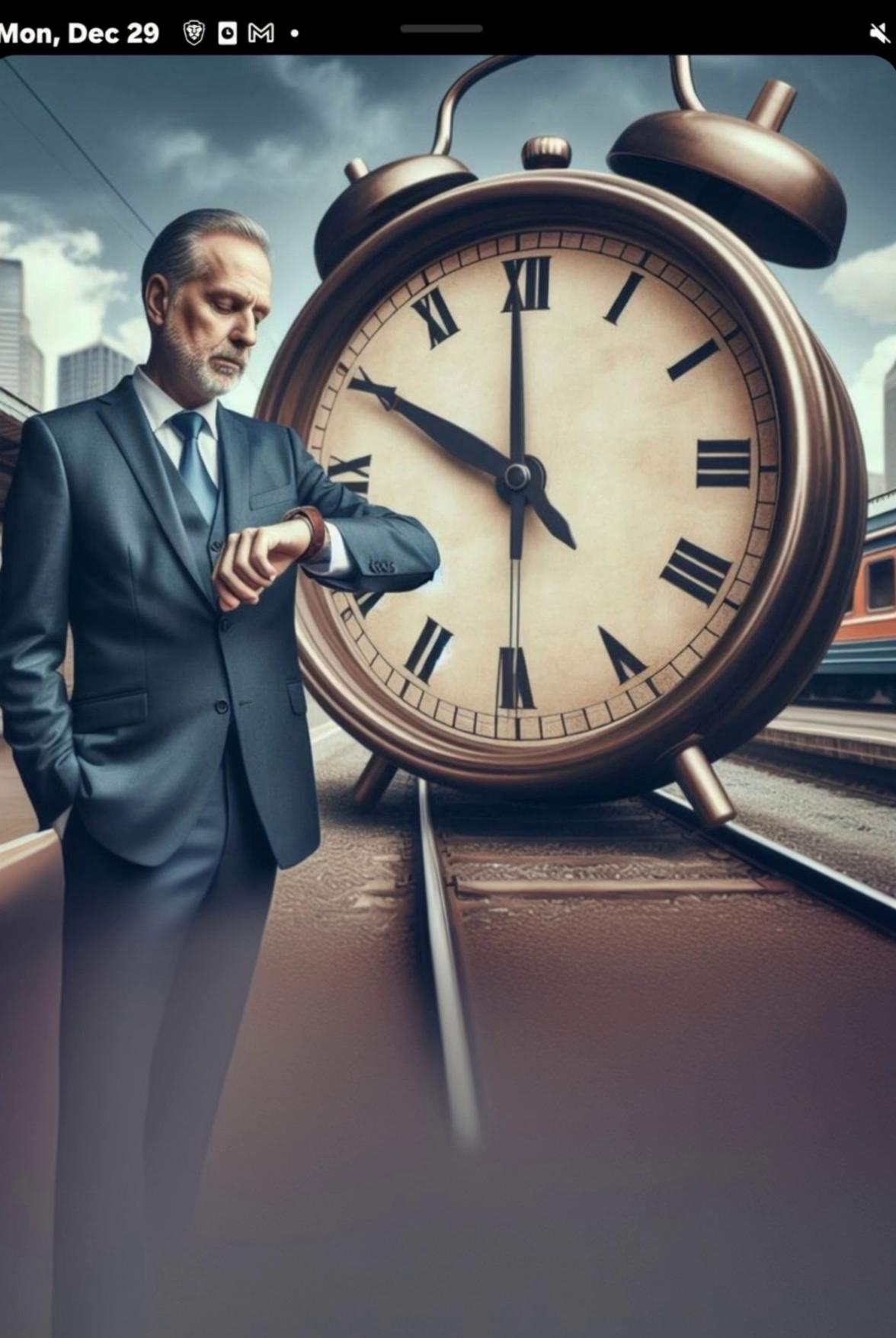 Prompt: First frame man looks at watch and walks away.frame two person is walking toward the dark cloud