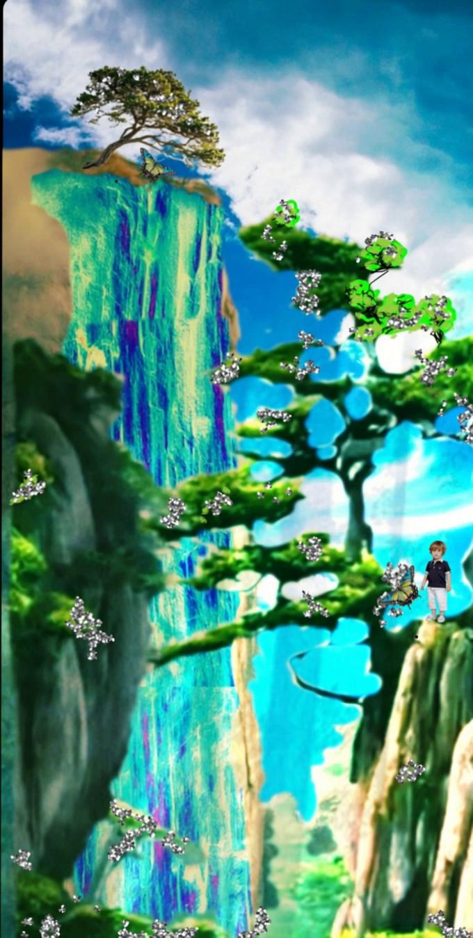 Prompt: The butterfly flew toward a cliff and the boy followed across the c a neon was a huge much higher rocky cc life with a waterfall streaming doen