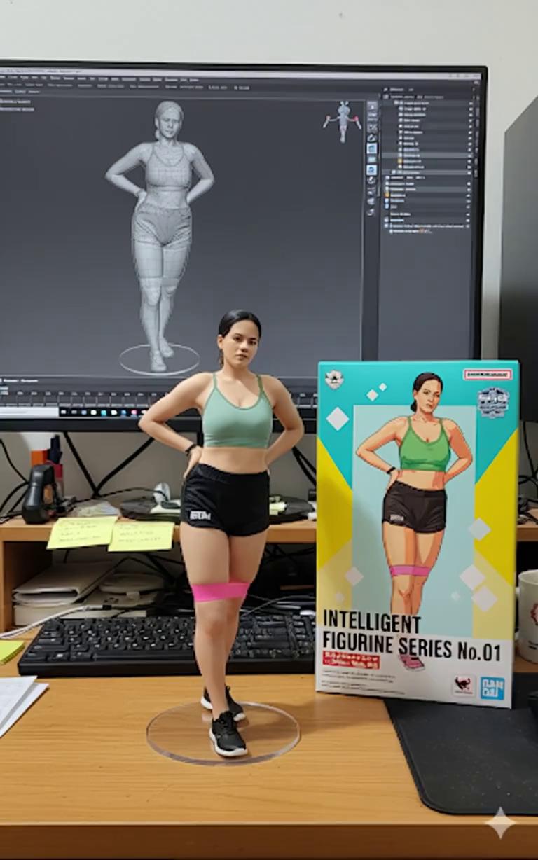 Prompt: @Azel:Video(Veo 3):
Two hands gently pick up the figure in the frame and rotate it slightly for inspection. The model on the computer screen and the model printed on the packaging box remain stationary, while all other background elements stay unchanged.