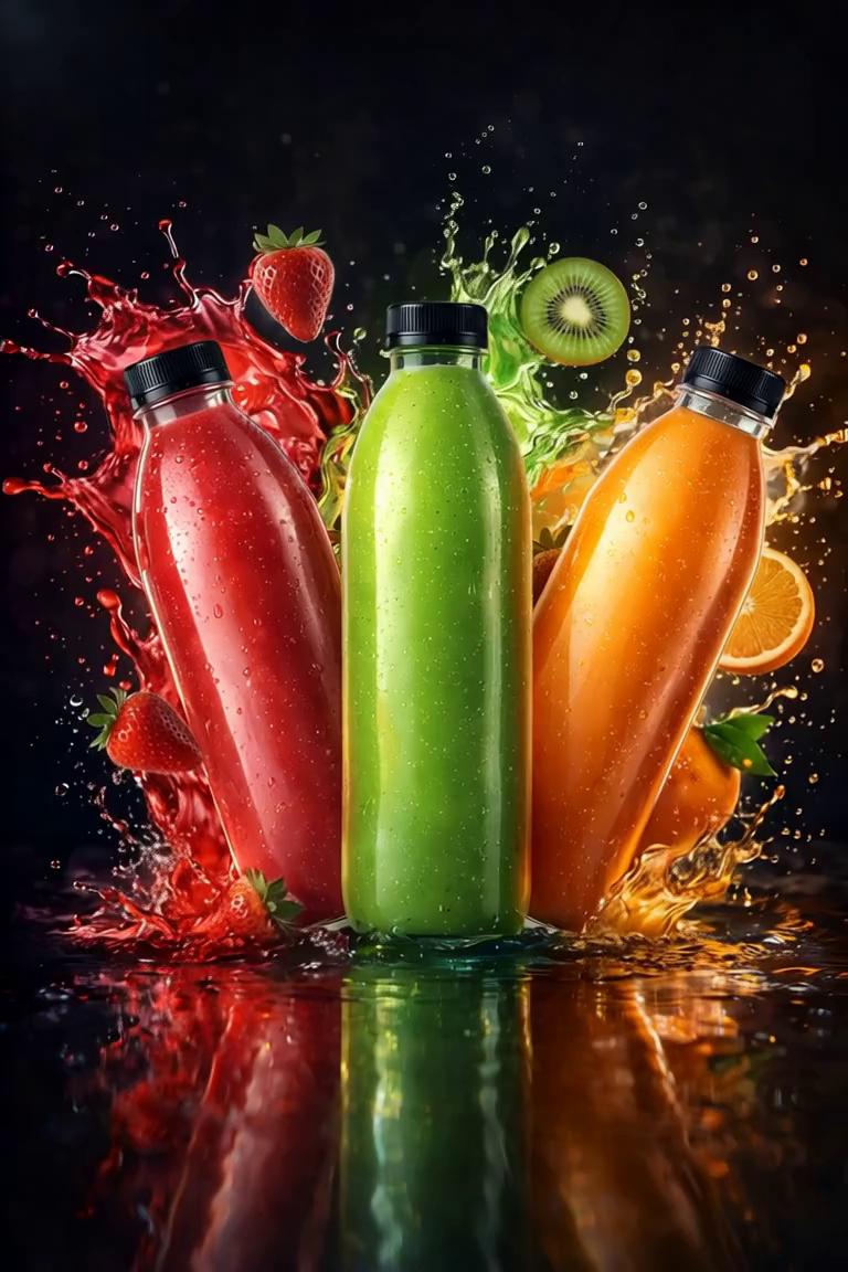 Prompt: Ultra-realistic cinematic product video of three transparent juice bottles filled with red strawberry, green kiwi, and orange citrus juice, arranged in a dynamic triangular composition.

The bottles slowly rotate and move in a smooth circular orbit, floating slightly above a glossy black reflective surface with sharp, realistic reflections.

Color-matched liquid splashes explode and flow around each bottle — red, green, and orange — with physically accurate fluid simulation, micro droplets, and realistic motion blur.

Fresh fruits (whole strawberries, kiwi slices, orange slices) orbit and spin around the bottles, following natural curved paths with synchronized movement and correct scale.

Cinematic studio lighting with soft rim lights, dramatic highlights, accurate glass refraction, condensation droplets, and realistic reflections on the bottles.

Dark premium background with subtle fog, shallow depth of field, and high contrast for a luxury beverage commercial look.

Smooth cinematic camera movement with a slow push-in and slight parallax, keeping the center bottle in focus.

Hyper-realistic rendering, global illumination, ray-traced reflections, high-end commercial quality, Instagram-ready, ultra-sharp details, realistic colors.