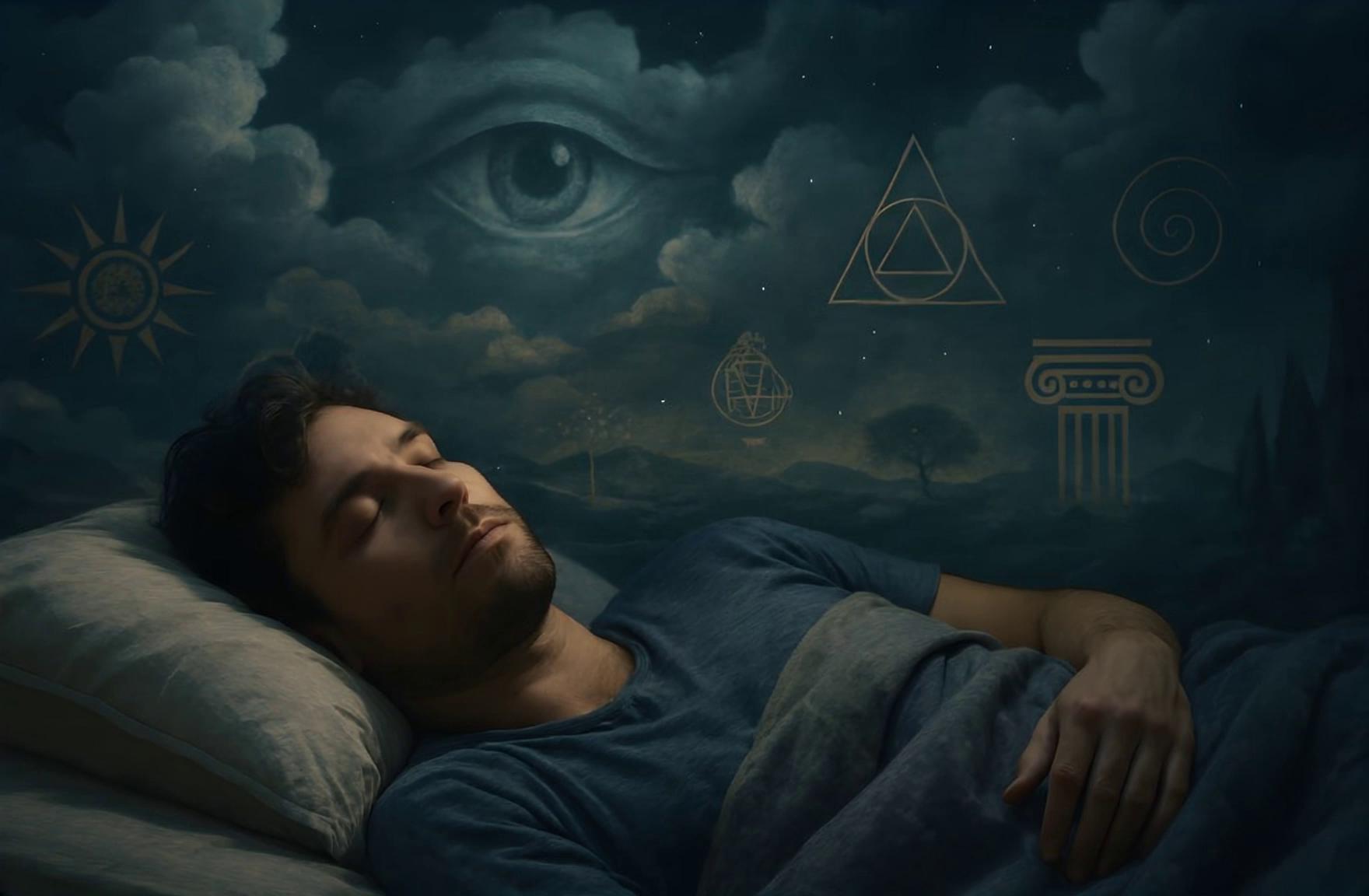 Prompt: Slow cinematic zoom into the man's sleeping face while dream elements swirl and morph fluidly around him in soft, ambient motion.
