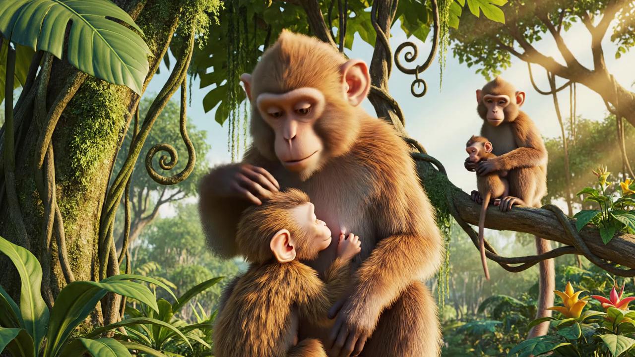 Prompt: Create a family-friendly 8-second 3D animated cartoon shot. Cinematography: gentle slow dolly-in at monkey eye level, 35mm lens, soft depth of field, smooth cinematic camera movement. Subject: an adorable baby monkey with fluffy golden-brown fur and large expressive eyes cuddles close to its mother, a gentle adult monkey with warm chestnut fur, while nursing naturally and non-graphically; nearby, two other mother monkeys sit with their babies, one cradling her infant and another watching her baby play. Action: the baby monkey peacefully nurses while the mother softly strokes its head, and the nearby babies make tiny playful movements. Context: a lush tropical jungle canopy with broad emerald leaves, curling vines, mossy branches, colorful flowers, and soft sunbeams filtering through the foliage. Style and ambiance: polished high-quality 3D family animation, rounded expressive character design, detailed soft fur, vibrant greens, warm golden morning light, gentle wholesome mood, rich cinematic color. Audio: natural jungle ambience with birds chirping, soft leaf rustling, distant insects, and subtle monkey coos; no music, no spoken dialogue. no subtitles.