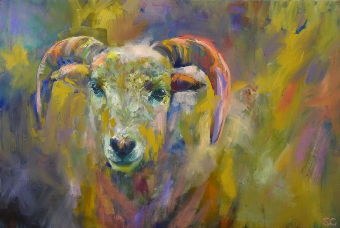 Prompt: The sheep comes to life and gently looks about, then walks toward the camera as if to greet the viewer. Keep all colours and attributes the same. Keep the sheep realistic.  The wind is blowing from right to left, realistically as if there is a storm