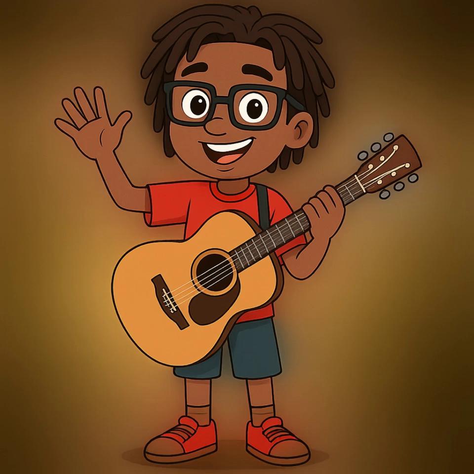 Prompt: He’s still wearing his red shirt, blue jean shorts, and red and black tennis shoes.  rockstar reggie is walking through a school hallway with his guitar on his back