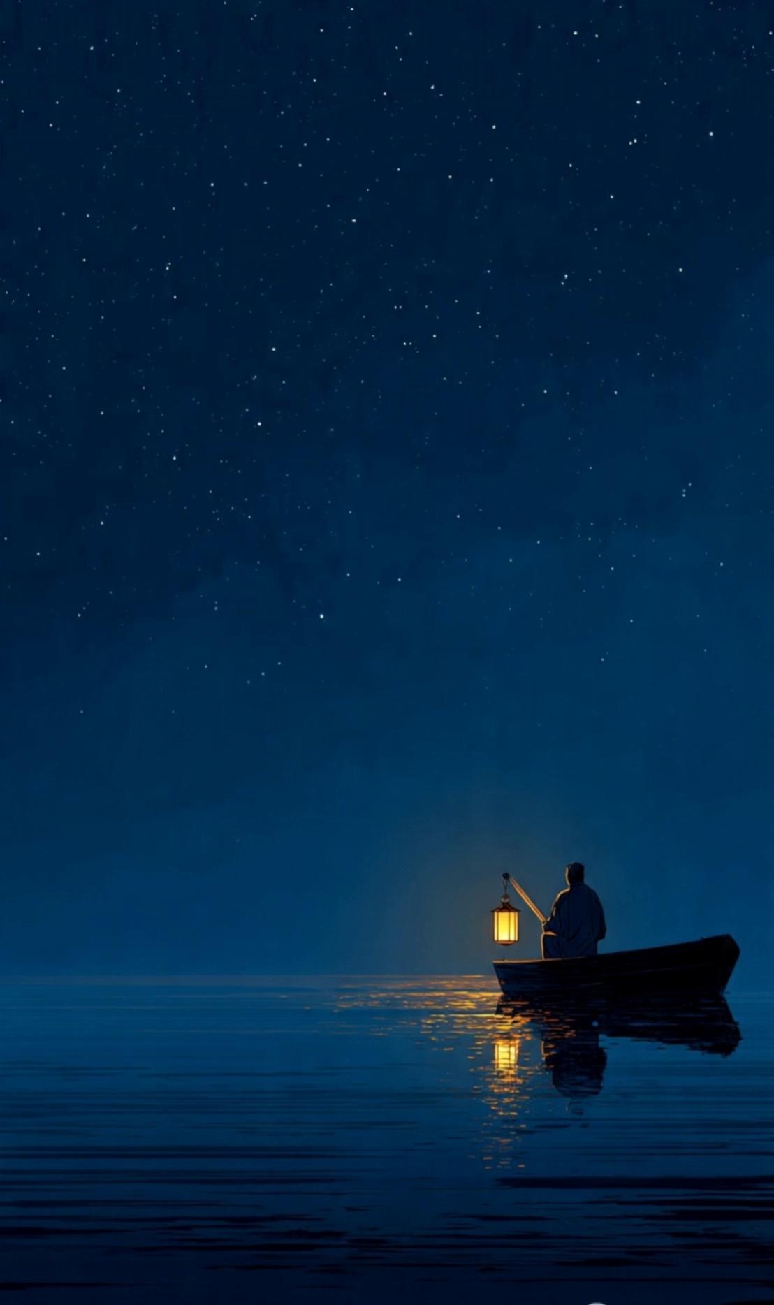 Prompt: A vast midnight-blue sky filled with countless soft, twinkling stars stretches endlessly above a calm, dark ocean. In the distance, a small wooden boat floats quietly on the still water. A lone man sits inside, facing away, holding a warm glowing lantern. The golden light gently illuminates his silhouette and creates a shimmering reflection that dances softly across the subtle ripples.
The camera remains far and steady, emphasizing the scale of the sky and the isolation of the small boat against the vastness of the night. The boat rocks gently with the natural movement of the water. A faint breeze causes the lantern to sway slightly, and the stars flicker subtly overhead.
The contrast between the cool deep blue tones of the night and the warm amber glow of the lantern creates a peaceful, contemplative atmosphere. The mood feels quiet, reflective, and serene — like a moment suspended in time.
Soft ambient night sounds and gentle water movement enhance the calm cinematic feeling.