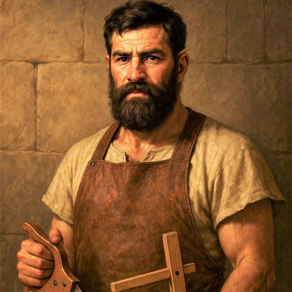 Prompt: He is planing wood in his carpentry shop during the Achaemenid period