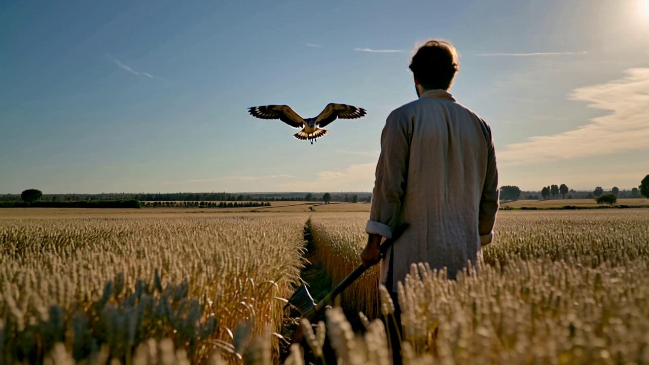 Prompt: Realistic cinematic video, early Achaemenid Persia. The camera starts from behind a humble yet strong Persian farmer standing in a golden wheat field, wearing worn, ancient linen clothes typical of early Achaemenid times. A majestic eagle appears in the distant sky, flying powerfully toward the camera. As it approaches, its large wingspan casts a long, moving shadow over the farmer’s body. The sunlight flickers through the feathers as the eagle passes overhead. The farmer remains still, awestruck. After the eagle flies past, the farmer slowly looks down at the sickle-shaped tool in his hand, weathered but strong, and gives a subtle, proud smile. The mood is heroic, divine, and deeply connected to the land. Golden hour lighting, wide epic landscape, dramatic camera movement.