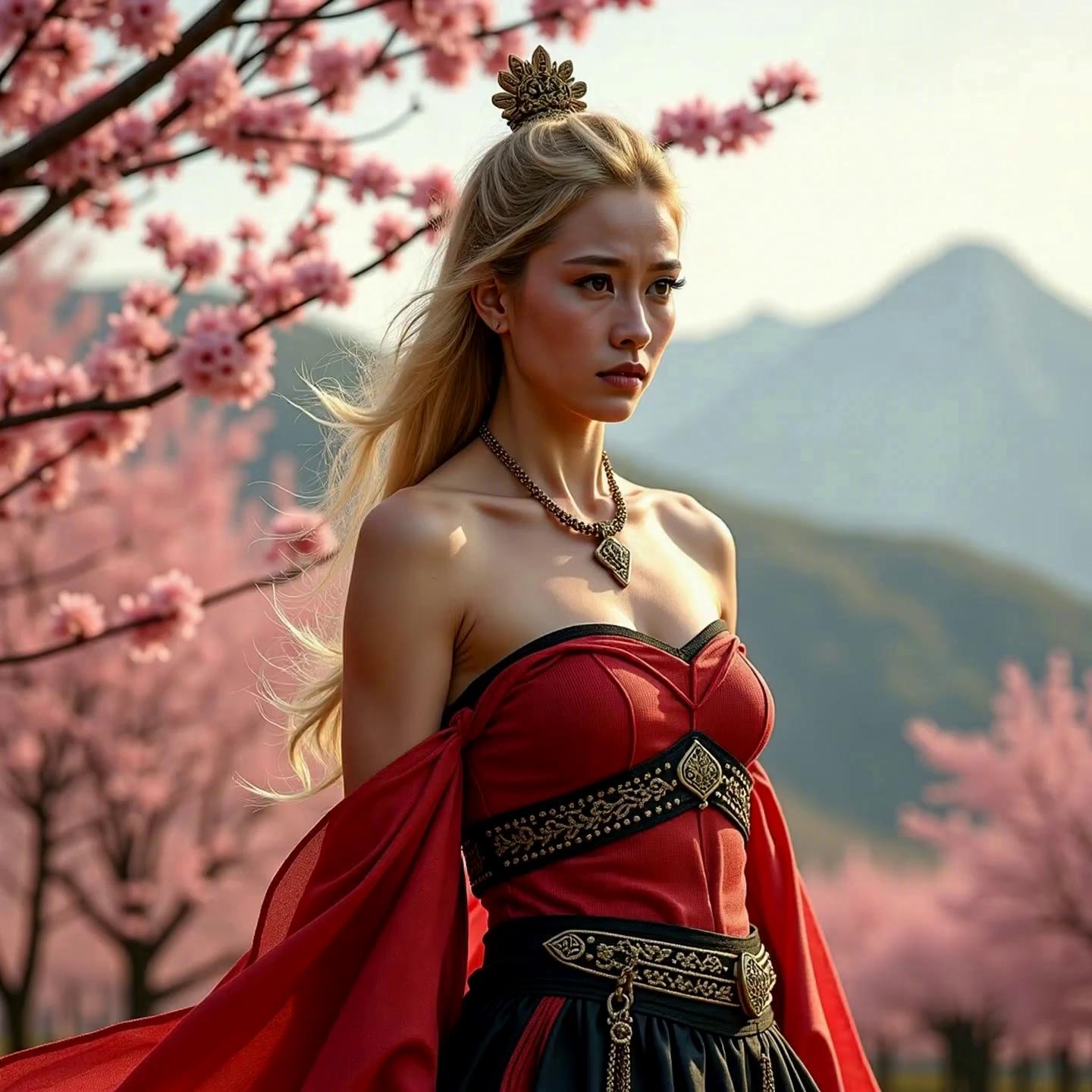 Prompt: rompt:

@Laura is in original korean war garmant, beatiful warrior princess, detailed with gold and emerald jewerly with background scene with cherry blossom trees and mountains