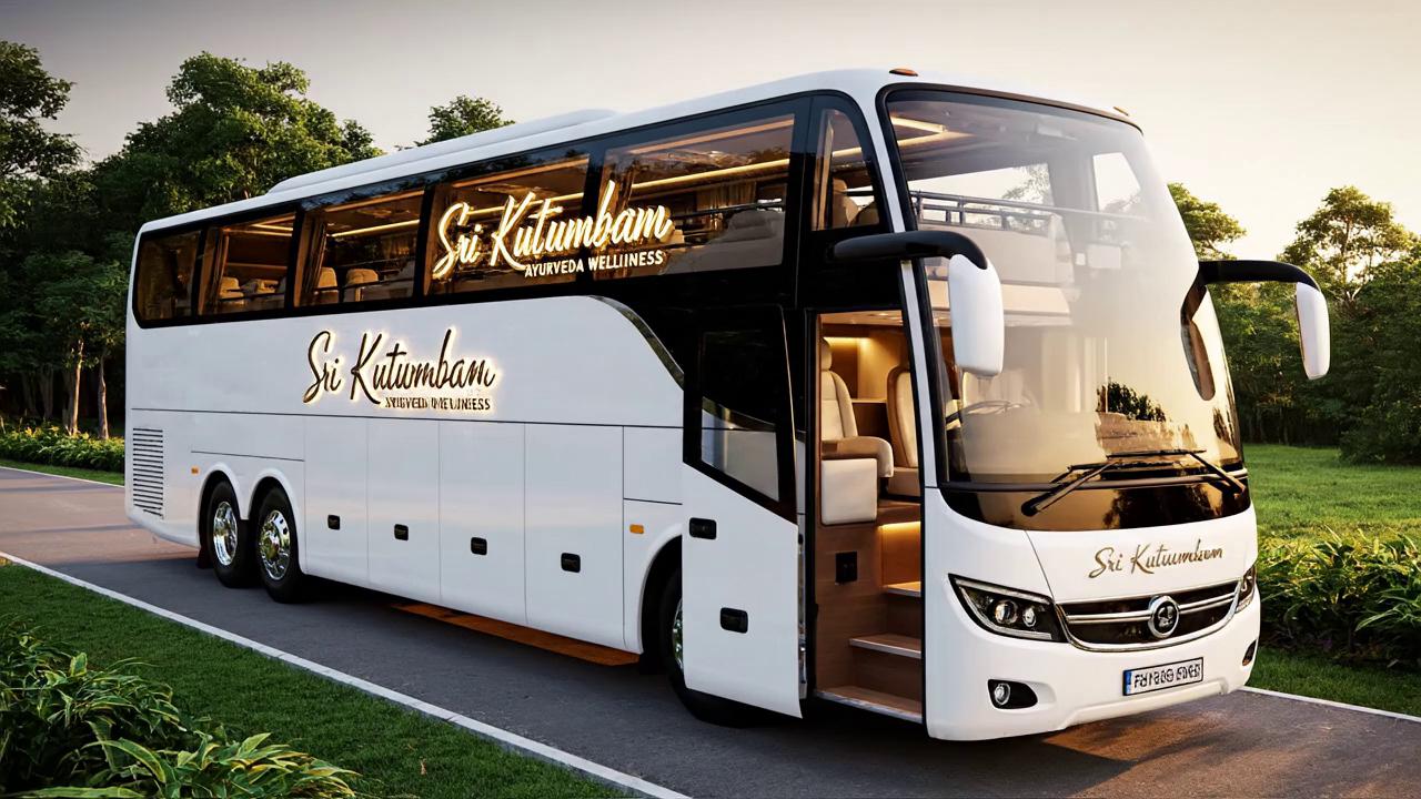 Prompt: Video Storyboard: The "Sri Kutumbam" Luxury Mobile Wellness on Wheels

 Exterior Shot:

The video opens with a majestic 30-foot double-decker coach parked against a serene, natural backdrop. The exterior features sleek, dark-tinted panoramic glass panels. A subtle, glowing LED sign reads Sri Kutumbam Ayurveda Wellness. A motorized glass sliding door opens gracefully.

Lower Deck - The Reception & Pods 1-2:
The camera glides inside. The interior mimics the luxury motorcoach from the inspiration link: warm ambient lighting, soundproof wood-paneled walls, and indoor vertical greenery.

The Layout: A compact, high-tech reception desk sits at the front. Beyond it, a central hallway leads past two private massage pods.

Inside Pod 1: The door slides open to reveal a beautifully carved wooden massage bed. In the corner is a compact, airline-style luxury "wet bath" (a combined toilet and shower wrapped in seamless FRP or frosted glass) so guests can shower post-oil massage.

The Staircase & Upper Deck:

The camera moves up a sleek, illuminated spiral staircase to the upper deck. The ceiling here features a soft, artificial skylight. The hallway connects to Pods 3, 4, and 5.

Upper Deck - Pods 3, 4 & 5 (The VIP Suites):

The camera enters Pod 4. Because it's on the upper deck, the side wall is a large, smart-glass window. With the touch of a button, the glass turns from clear to opaque for complete privacy. The room features a copper Shirodhara stand over the bed, calming aromatherapy diffusers, and its own private, high-finish washroom pod.

 The Engineering Marvel (Under the floorboards): A 3D transparent view shows the mechanics: heavy-duty freshwater and blackwater tanks hidden in the lower chassis, powered by an onboard silent generator and high-capacity water heaters to ensure all 5 washrooms have instant hot water.