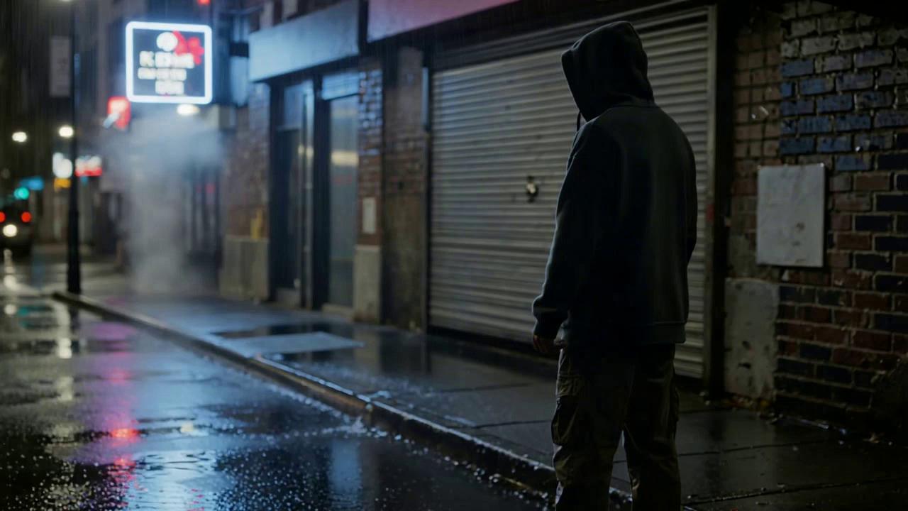 Prompt: Short cinematic loop animation for Spotify Canvas.
Urban night street scene, wet asphalt, light rain falling.
Neon lights reflecting on the ground.
Silhouette of a man in dark streetwear standing still,
hood up, head slightly down.
Subtle movement only: rain falling, neon flickering, light fog drifting.
Dark, gritty, urban noir atmosphere.
Color palette: deep blue, black, dark gray, subtle neon glow.
Photorealistic, cinematic lighting.
Perfect seamless loop, no camera movement.
Vertical video, 9:16.
No text, no logos.
