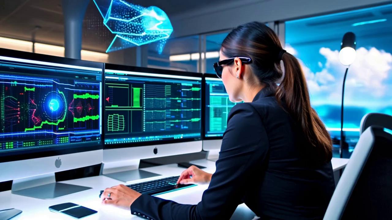 Prompt: In a sleek, futuristic office setting bathed in cool blue and green lighting, a determined cybersecurity analyst sits at a high-tech workstation. The screens glow with complex data visualizations, while holographic graphs float above, illustrating SEO trends alongside network security metrics. The analyst, a woman in her early thirties wearing smart glasses and focused attire, leans forward, her brow furrowed in concentration as she navigates through layers of information. Outside the window, a storm brews, casting dramatic shadows across the room and hinting at the high stakes of her work. The atmosphere is tense yet exhilarating, underscored by a cinematic, photorealistic style that captures the intensity of the digital age and the battle against cyber threats.