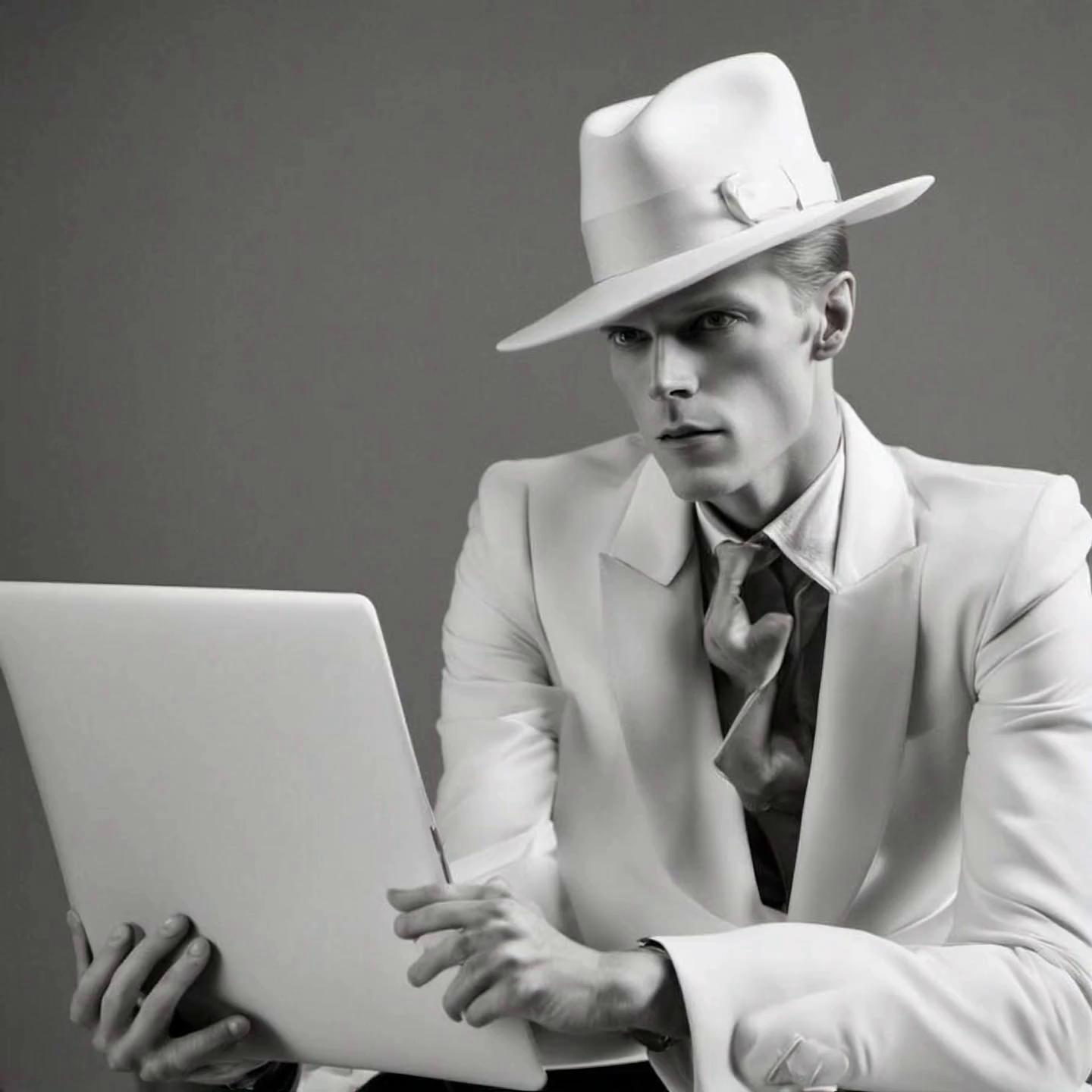 Prompt: New Wave Enegant man working on his device, using a white drawing pen and creating astonishing designs and virtual worlds
