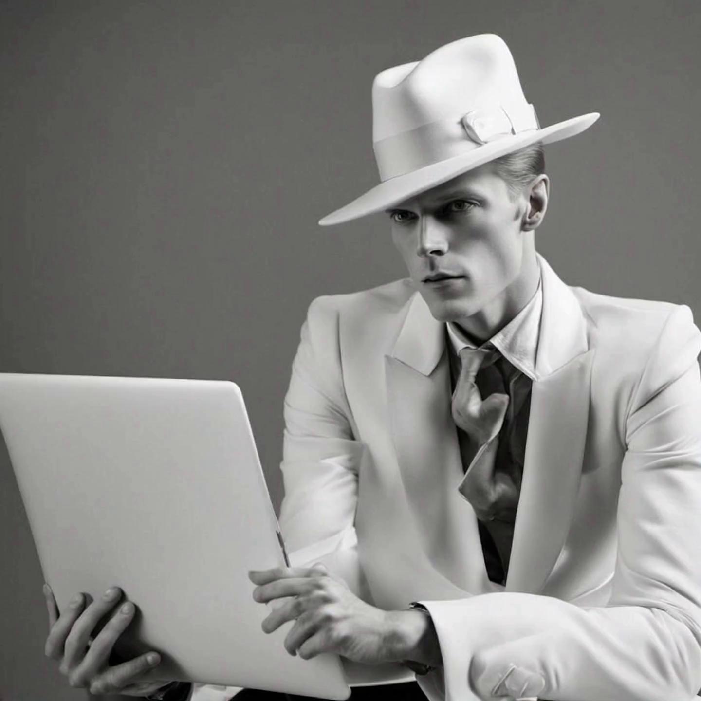 Prompt: New Wave Enegant man working on his device, creating astonishing designs and virtual worlds