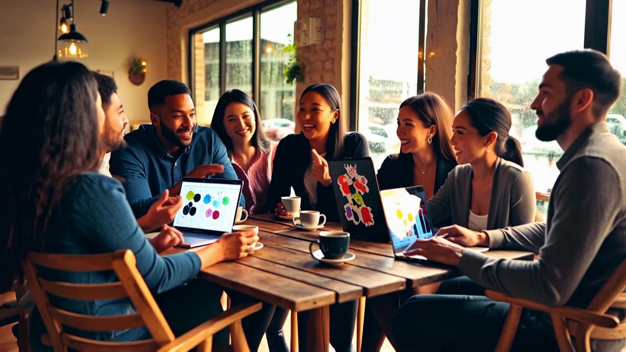 Prompt: A cozy, warmly lit café buzzes with energy as a diverse group of people sits around a rustic wooden table, animatedly discussing SEO strategies. Soft golden light filters through the large windows, casting playful shadows on the walls, while the aroma of freshly brewed coffee envelops the air. Each person displays a distinct expression—enthusiasm in their eyes as they gesture towards laptops adorned with colorful stickers. The background hums with the faint sound of clinking cups and quiet chatter, creating an intimate atmosphere. Outside, a gentle drizzle adds a touch of serenity to the scene, blurring the cityscape beyond. This dynamic moment is captured in a warm, photorealistic style, showcasing both the connections among the participants and the cozy ambiance of the café.
