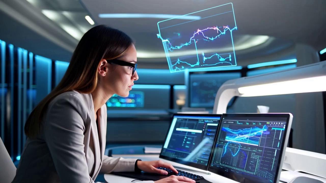 Prompt: In a sleek, futuristic office setting bathed in cool blue and green lighting, a determined cybersecurity analyst sits at a high-tech workstation. The screens glow with complex data visualizations, while holographic graphs float above, illustrating SEO trends alongside network security metrics. The analyst, a woman in her early thirties wearing smart glasses and focused attire, leans forward, her brow furrowed in concentration as she navigates through layers of information. Outside the window, a storm brews, casting dramatic shadows across the room and hinting at the high stakes of her work. The atmosphere is tense yet exhilarating, underscored by a cinematic, photorealistic style that captures the intensity of the digital age and the battle against cyber threats.