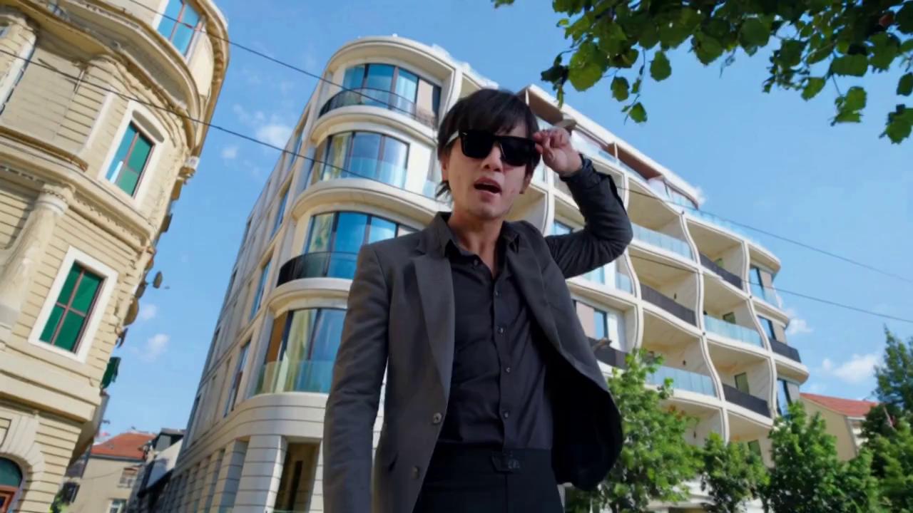 Prompt: Half human half animated cartoon walking the streets and singing