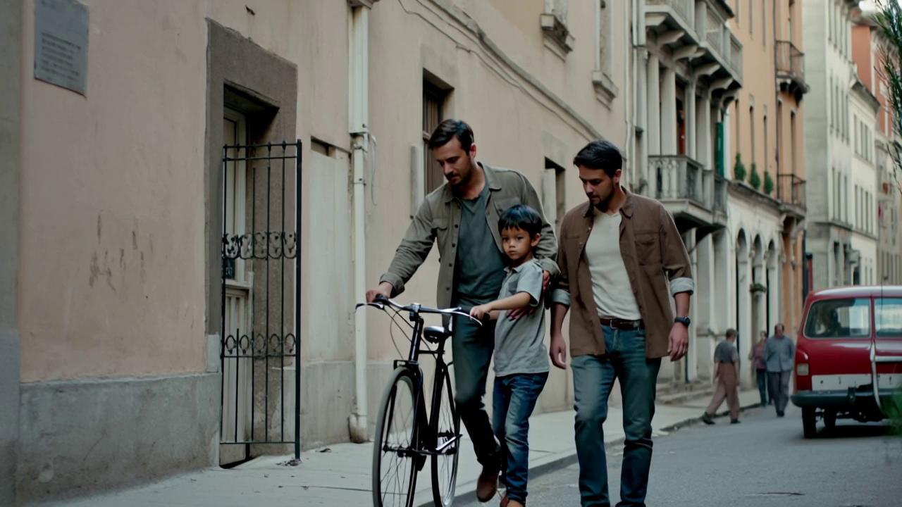 Prompt: Hailed around the world as one of the greatest movies ever made, the Academy Award–winning Bicycle Thieves, directed by Vittorio De Sica, defined an era in cinema. In poverty-stricken postwar Rome, a man is on his first day of a new job that offers hope of salvation for his desperate family when his bicycle, which he needs for work, is stolen. With his young son in tow, he sets off to track down the thief. 
