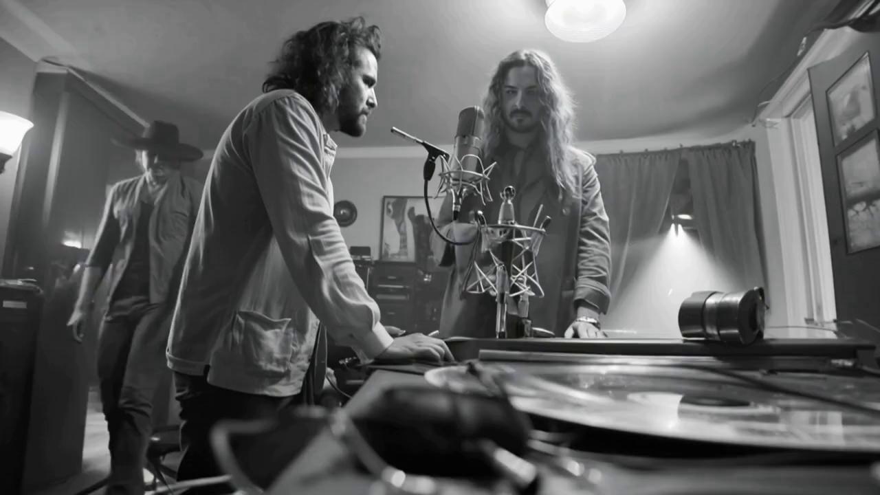 Prompt: Imagine a gritty black and white scene capturing Iggy Pop and David Bowie in a dimly lit Berlin recording studio in 1977. The moody atmosphere is thick with the haze of cigarette smoke, casting swirling shadows across the room. Vintage microphones, tangled cables, and scattered vinyl records create a chaotic yet artistic backdrop. Iggy Pop, with his wild mane and intense expression, leans into a microphone, exuding raw energy and passion, while David Bowie, dressed in his iconic 1970s attire, sits at the mixing console, his ethereal gaze focused intently on the sound board. The faint glow of dim overhead lights highlights the contours of their faces, accentuating the creative electricity buzzing in the air. This scene, reminiscent of a gritty documentary style, captures the essence of their iconic collaboration, brimming with emotion and avant-garde spirit.