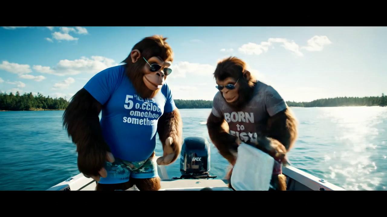 Prompt: Onboard a boat anchored in vibrant blue waters, two life size anthropomorphic creatures exuding an air of humor and camaraderie. The first figure, A lifelike hairy yeti, a playful expression, wearing a blue bathing suit, and a T-shirt that says it's 5'oclock somewhere, while the second, A rugged yeti in rich brown fur, wearing a red bathing suit, and a shirt that says born to fish, sporting a more serious look. Both characters don aviator sunglasses that reflect the sun-drenched scenery, the second one is opening up a cooler, when he lifts lid bass are jumping, including distant trees under a partly cloudy sky. Sunlight glints off the water’s surface, illuminating the scene with a lively, carefree vibe that hints at adventure and fun in a picturesque coastal environment. The composition captures a moment of joy and lightheartedness, inviting viewers into a whimsical world where imagination reigns. Yeti says, "We're out here slaying striper " the first one holds up a huge striped bass, The second one says, "We know there is a bag limit, but we haven't seen green jeans today " both laughing, Police boat pulls up behind the boat with 2 police officers,.  siren going off.  The first figure says, "they'll never catch us with these triple merc 9.9's!" as boat is driving away. The second figure is looking back laughing at police.