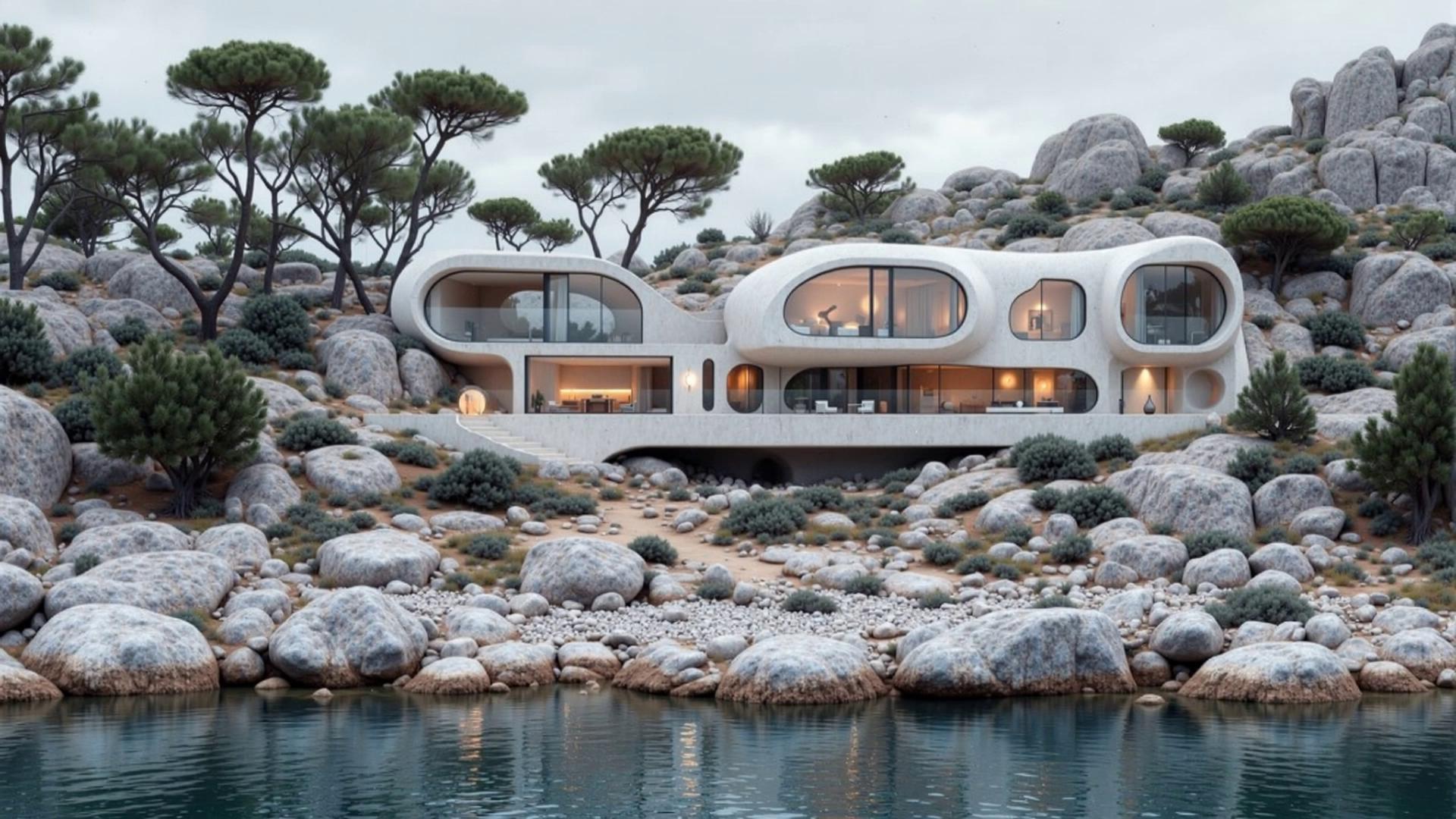 Prompt: architectural video, slow cr4n3 crane down camera motion, drone shot, slow camera movement forward, detailed environment, quiet sea and coast nature ambient sounds