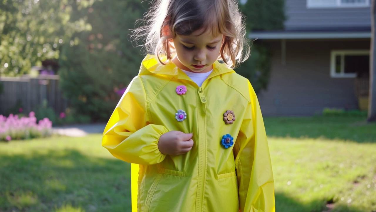 Prompt: Illustration Notes:

Camera: Medium shot, eye-level with Lily.
Lily loved her bright yellow raincoat. She wore it almost every day, even when the sun was shining brightly in the big blue sky. It wasn't just any raincoat; it had deep pockets for treasures and, most importantly, it had special buttons. Today, however, something was very wrong. Lily looked down at her coat, her bright, curious eyes growing wide. "Oh no!" she whispered.
Environment: Bright, sunny backyard. Green grass, maybe a few simple flowers, part of a house visible in the background.

Lighting: Warm, bright daylight, casting soft shadows.

Main Action: Lily stands center, wearing her bright yellow raincoat, looking down at it with a clear worried expression. One hand might be touching the empty spot where the button was. Her posture shows slight distress.